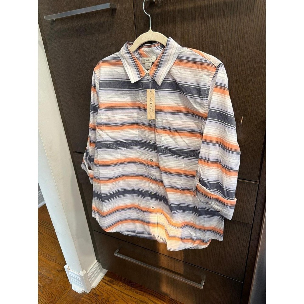 Ariat women's shirt striped pattern in orange, blue, and‎ white colors nwt L